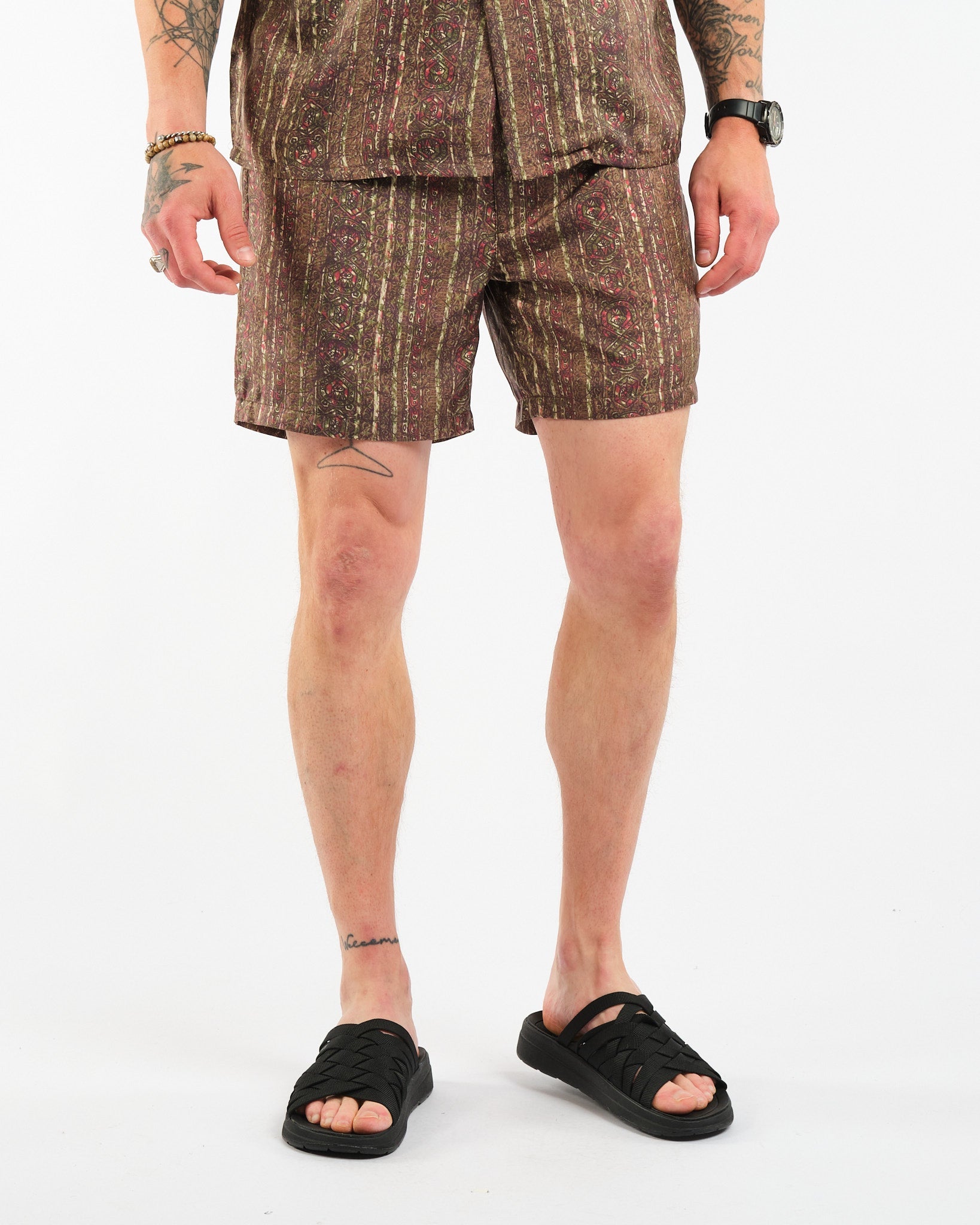 Beach Shorts Silk Batik Print Olive - Meadow